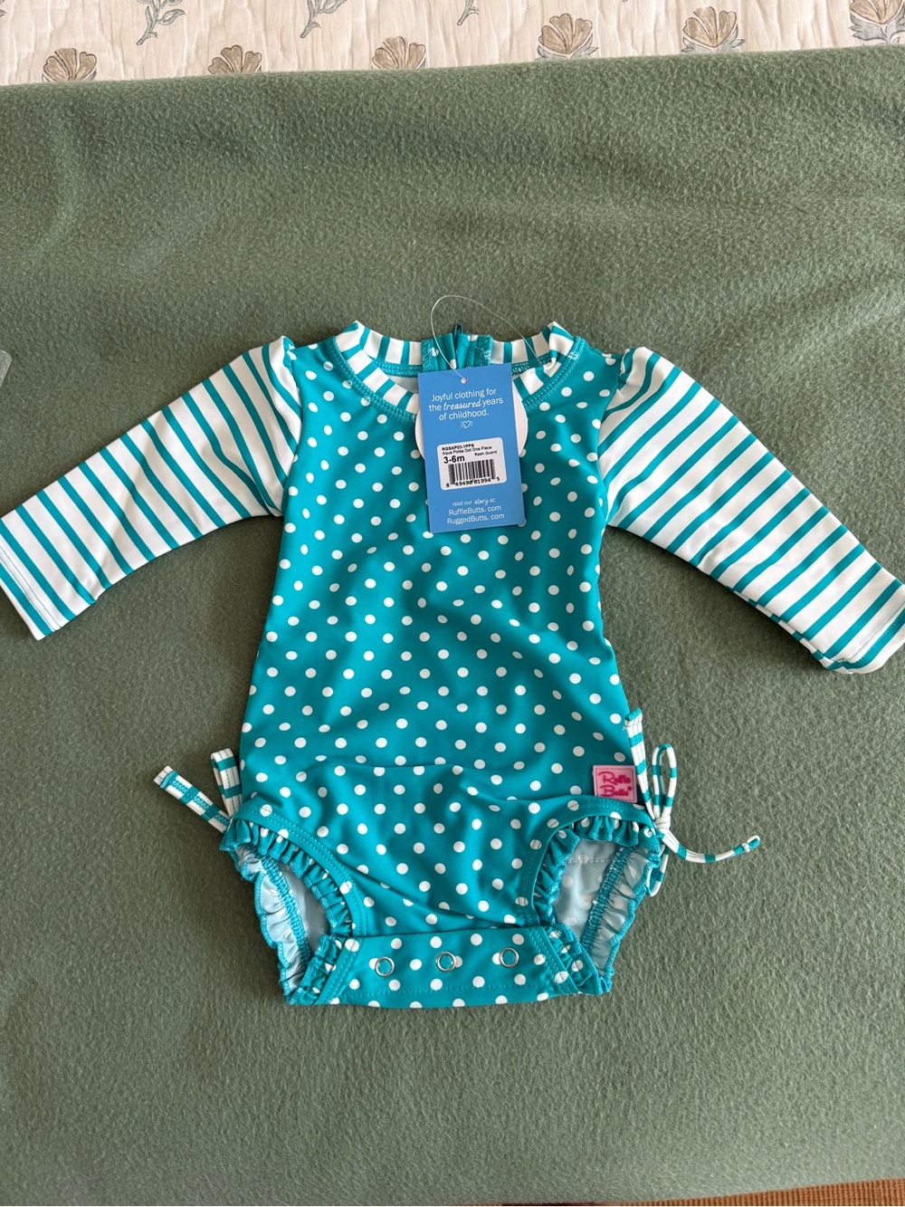 NEW RuffleButts Teal Polka Dot Long Sleeve Rashguard One Piece UPF 50+